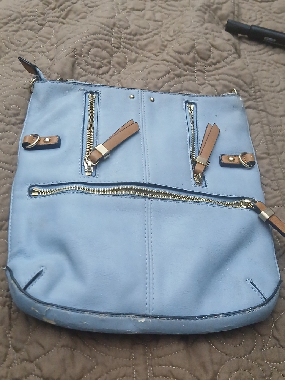 Simply Noelle Light Blue Crossbody Bag with Tan Accents and Gold Hardware